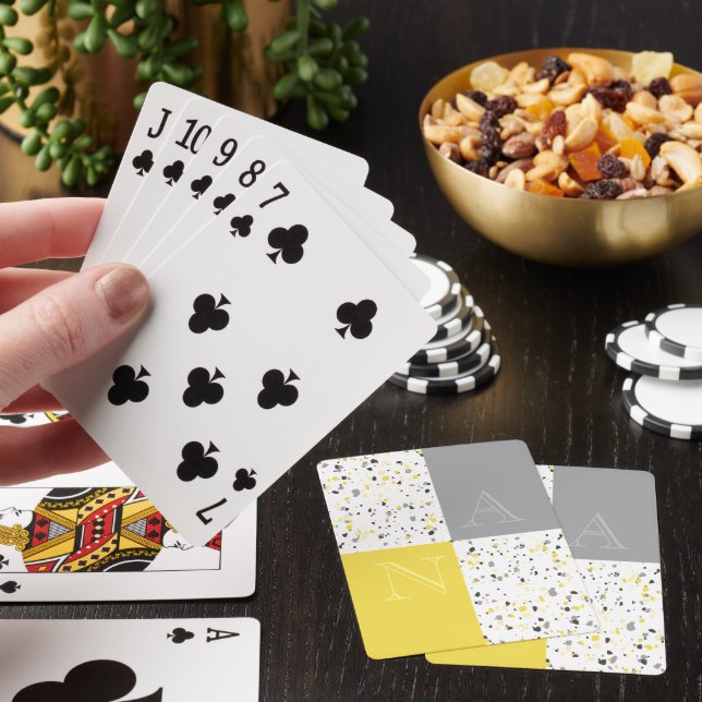 Colourful Yellow Grey Terrazzo with Monogram Playing Cards (In Situ)