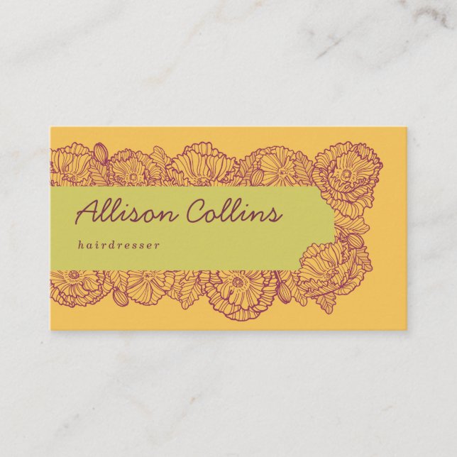 Colourful yellow hand drawn flowers business card (Front)