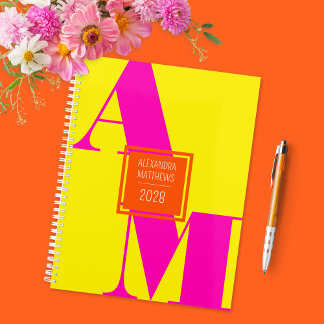 Colourful Yellow Pink Custom Year Monogram Name Planner