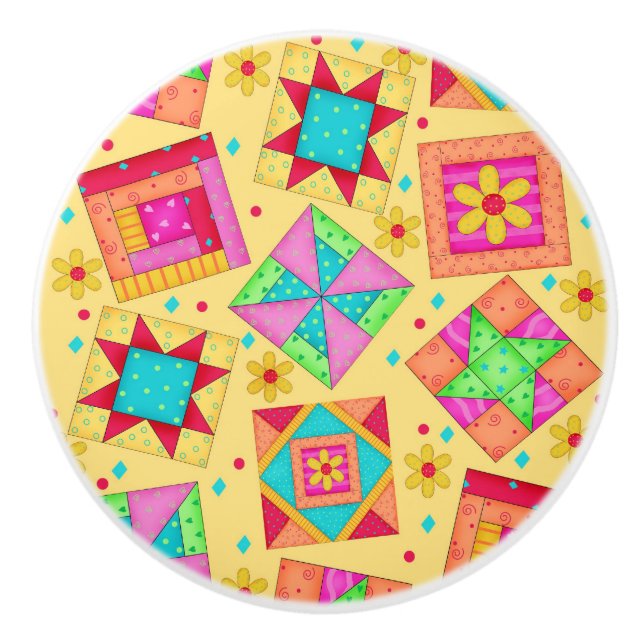 Colourful Yellow Quilt Patchwork Block Art Ceramic Knob (Front)