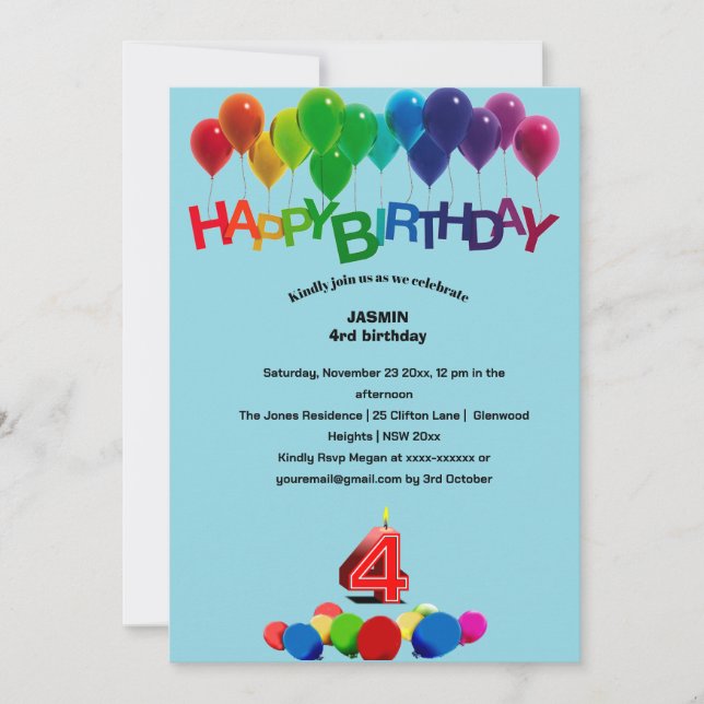 Colourful Yellow Red Green Balloons Kids Birthday  Invitation (Front)