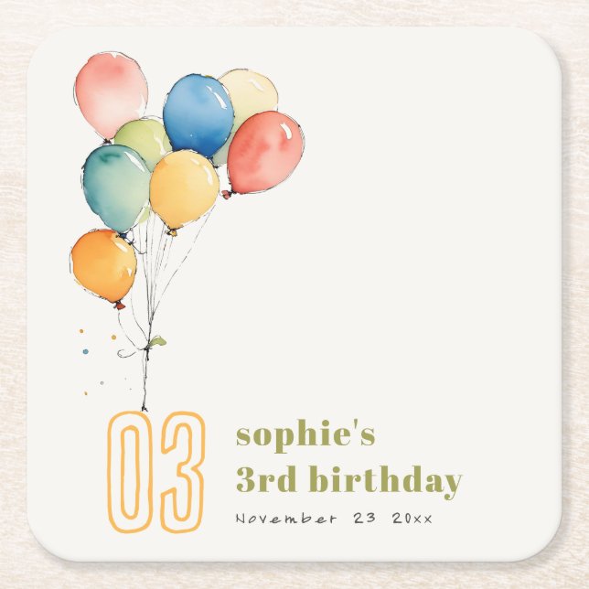 Colourful Yellow Red Green Balloons Kids Birthday Square Paper Coaster (Front)