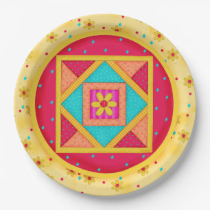 Colourful Yellow Red Quilt Art Design Pattern Paper Plate