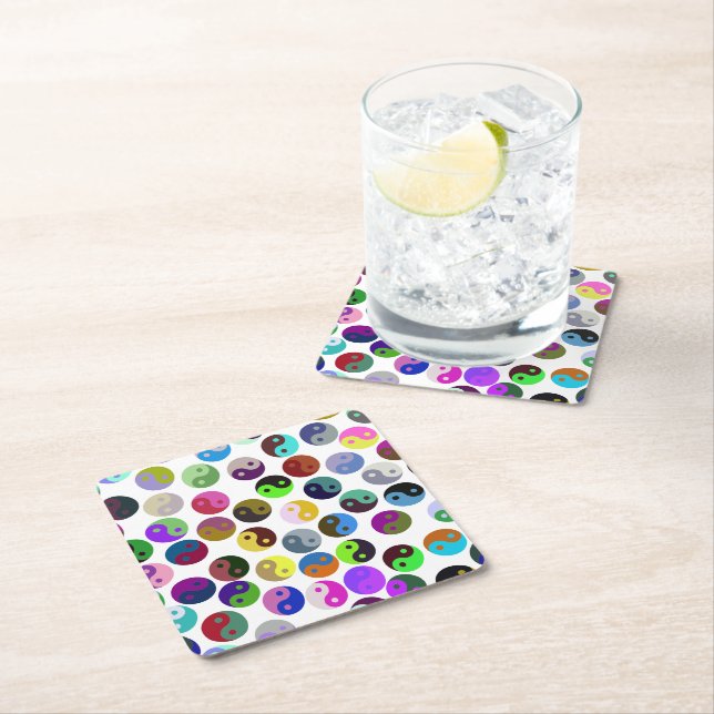 Colourful Ying Yang Pattern Square Paper Coaster (Insitu)