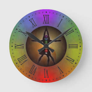 Colourful Yoga Chakras Yin Yang Grunge Large Round Round Clock