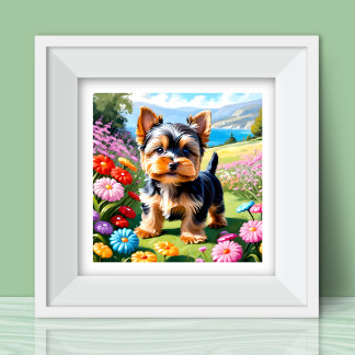 Colourful Yorkie Terrier Puppy Posing at the Park Poster
