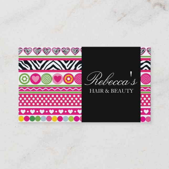 Colourful Zebra Hearts Design Business Card (Front)