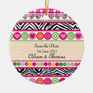 Colourful Zebra hearts 'Save the date' Ornament