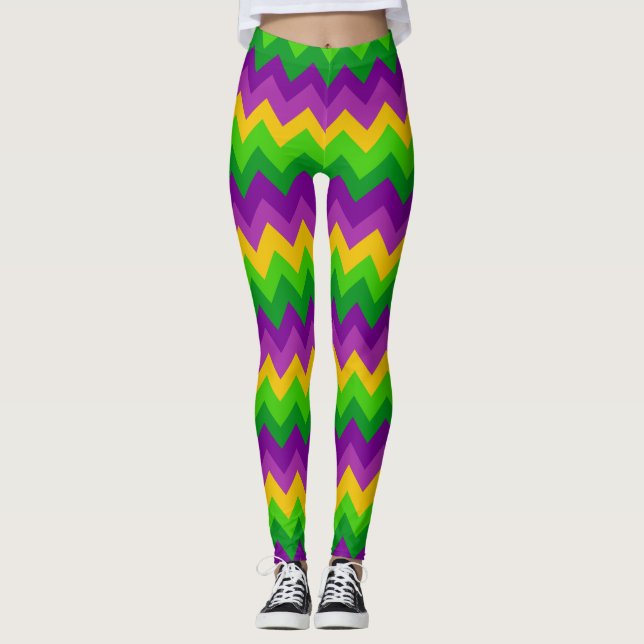 Colourful Zig Zag Stripes Mardi Gras Carnival Part Leggings (Front)