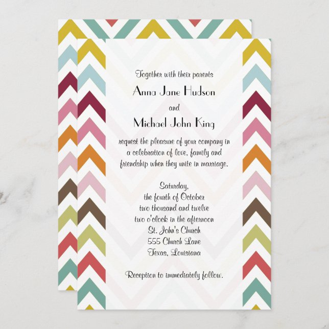 Colourful Zigzag, Rainbow Zigzag, Chevron, Wedding Invitation (Front/Back)