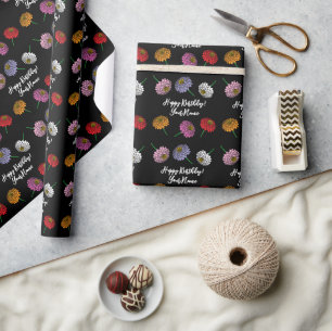 Colourful Zinnia flowers drawing custom Birthday Wrapping Paper