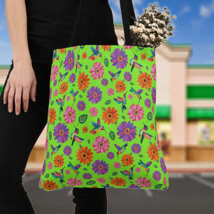 Colourful Zinnia Flowers & Hummingbirds Pattern  Tote Bag