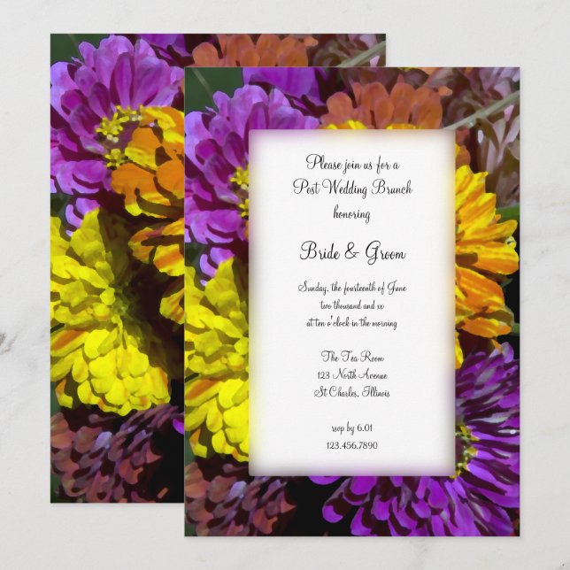 Colourful Zinnia Flowers Post Wedding Brunch Invitation (Front/Back)