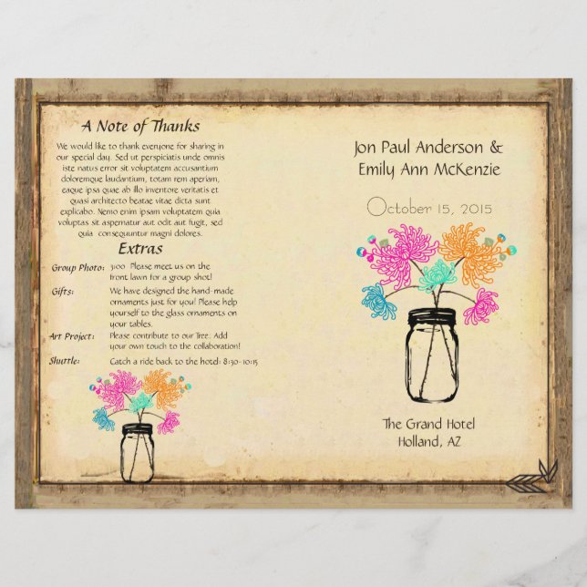 Colourful Zinnia Mason Jar Wedding Program (Front)
