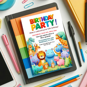 Colourful Zoo Animals Birthday Party Invitation