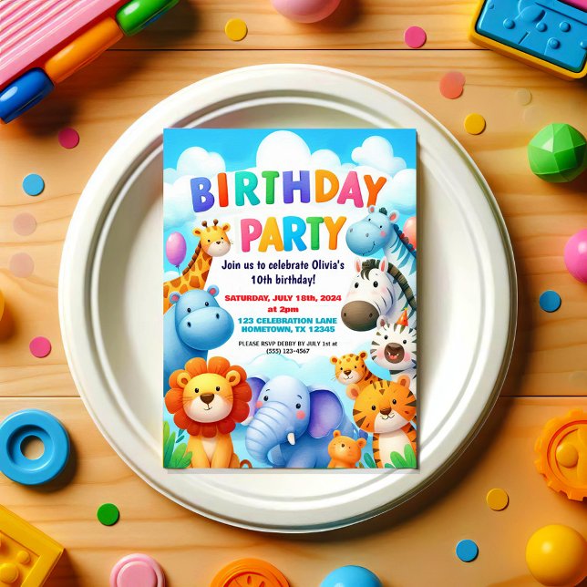Colourful Zoo Animals Birthday Party Invitation (Creator Uploaded)