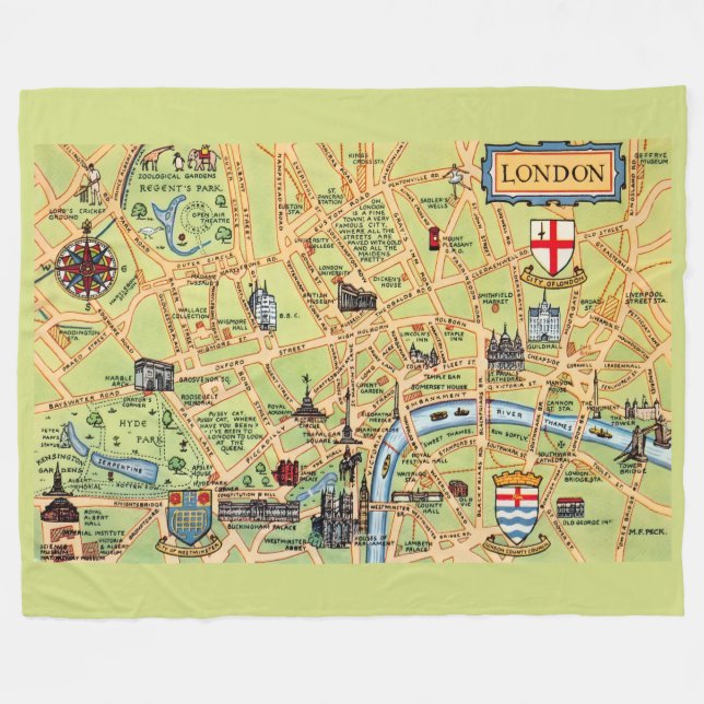 Colourfully Illustrated Map of London  Fleece Blanket (Front (Horizontal))