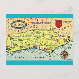 Colourfully Illustrated Map of  Sussex England Postcard