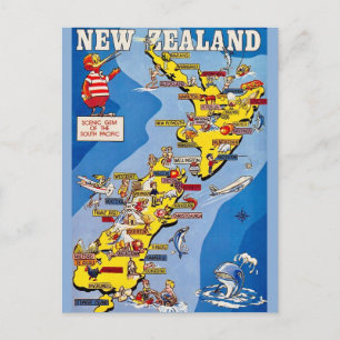 Colourfully Illustrated New Zealand Postcard