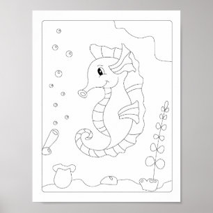 Colouring book Cute Little Sea Horse Poster