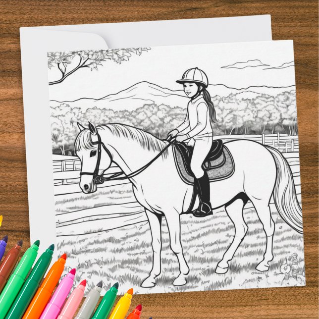 Colouring Colour In Picture Girl Horse Riding Pony Card (A greeting card with picture to color, of a girl riding a pony in a paddock)