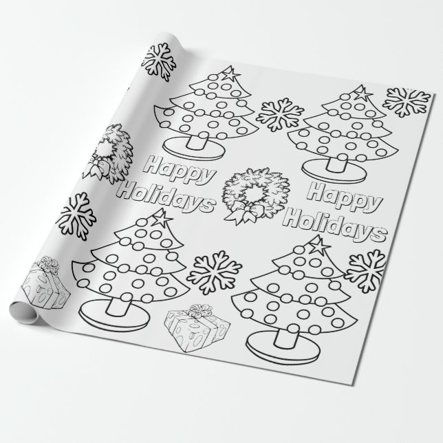 Colouring For Kids Christmas Tree Wrapping Paper (Unrolled)
