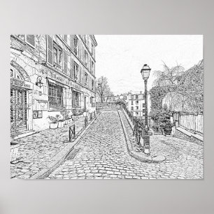 Colouring Grayscale Old Paris City Buildings Poster
