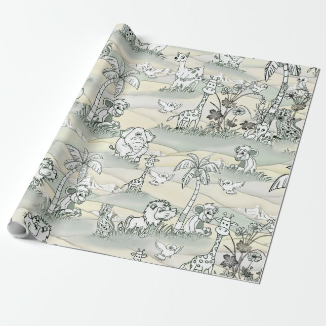 Colouring-in Wildlife line-drawing Wrapping Paper (Unrolled)