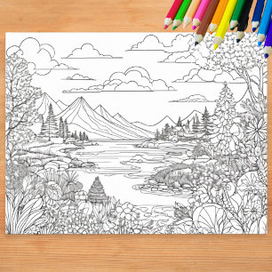 Colouring Landscape Lake Mountains Scenery Colour Poster