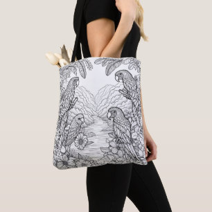 Colouring Line Art of Birds and Nature Colouring Tote Bag