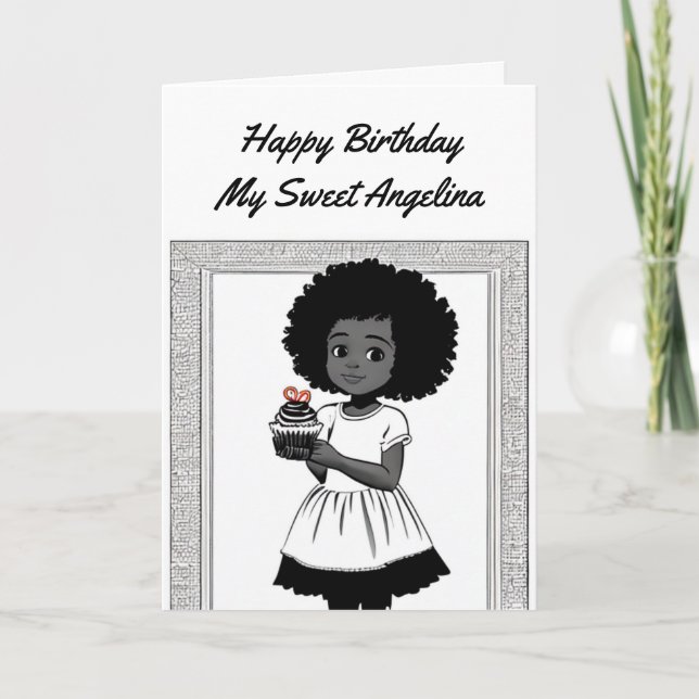 Colouring Page | African-American Girl's Birthday Card (Front)