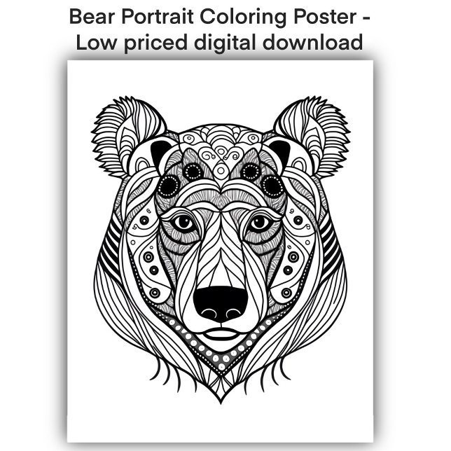 Colouring Page - Bear Portrait, Colour Your Own Poster (Image shows a stylized bear portrait as a coloring page available as a print or digital download)