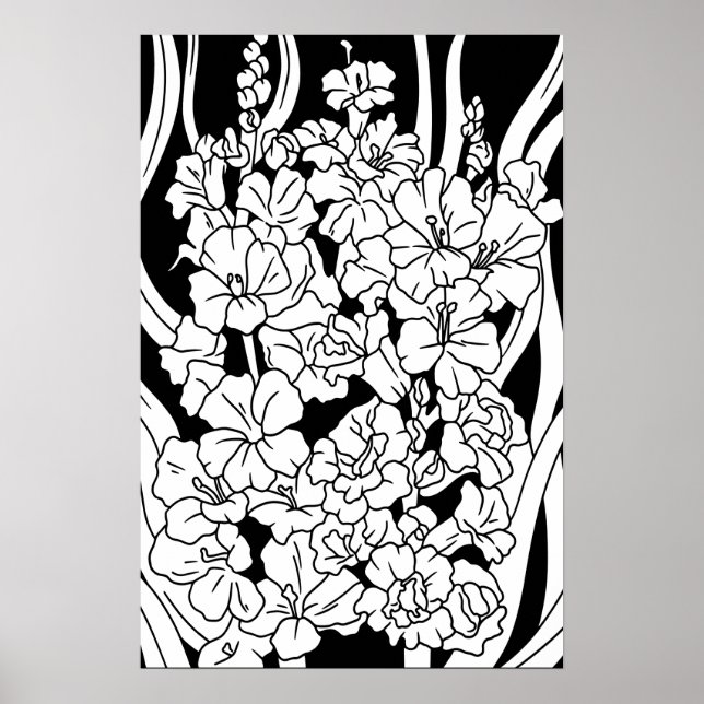 Colouring Page Beautiful Flowers on Black Poster (Front)
