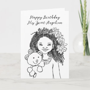 Colouring Page Birthday African-American Cartoon Card