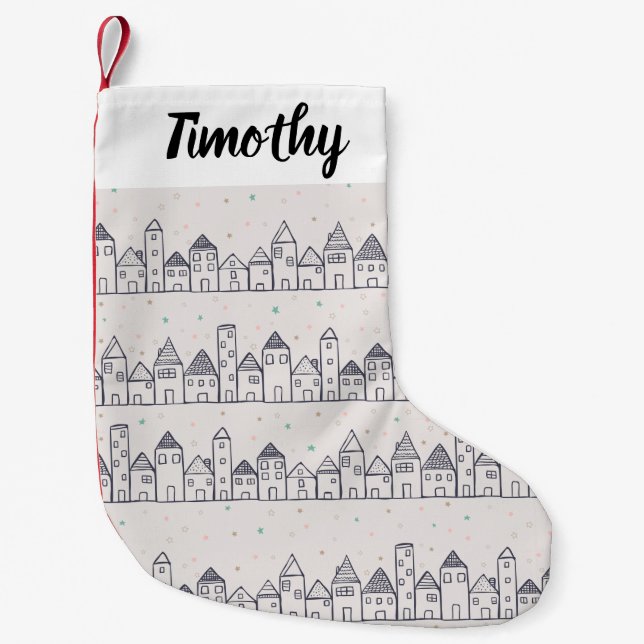 Colouring Page Christmas Village in the Snow Small Christmas Stocking (Front)