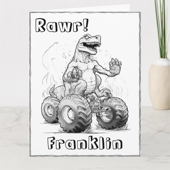 Colouring Page Cool Dinosaur Monster Truck Birthda Card (Front)