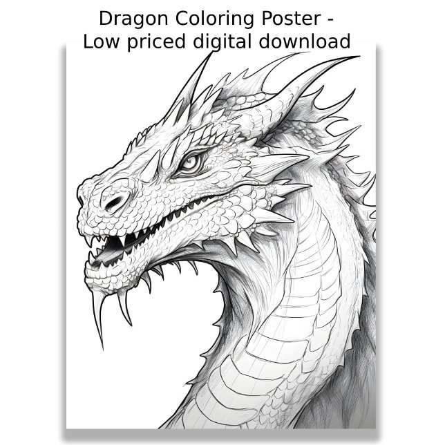 Colouring Page - Dragon, Colour Your Own  Poster (Image showing coloring page of a dragon )
