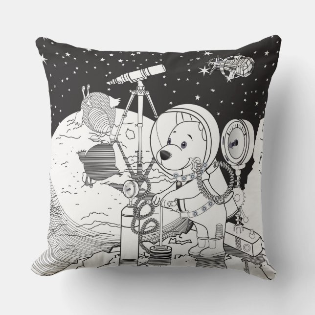 Colouring space with an astronaut puppy cushion (Front)
