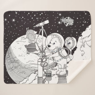 Colouring space with an astronaut puppy sherpa blanket