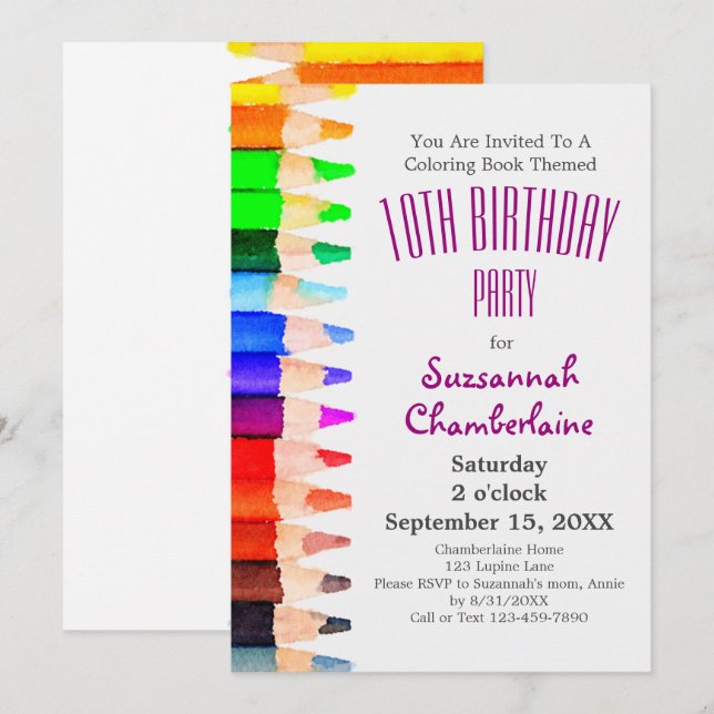 Colouring Theme Rainbow Pencils Children's Party Invitation (Front/Back)