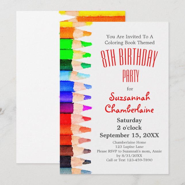 Colouring Theme Rainbow Pencils Kids Birthday Part Invitation (Front/Back)