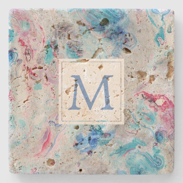 Colourized Marble Texture Monogram Stone Coaster (Front)