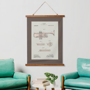 Colourized Vintage Trumpet Patent Illustration  Hanging Tapestry