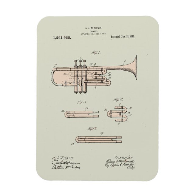 Colourized Vintage Trumpet Patent Illustration Magnet (Vertical)