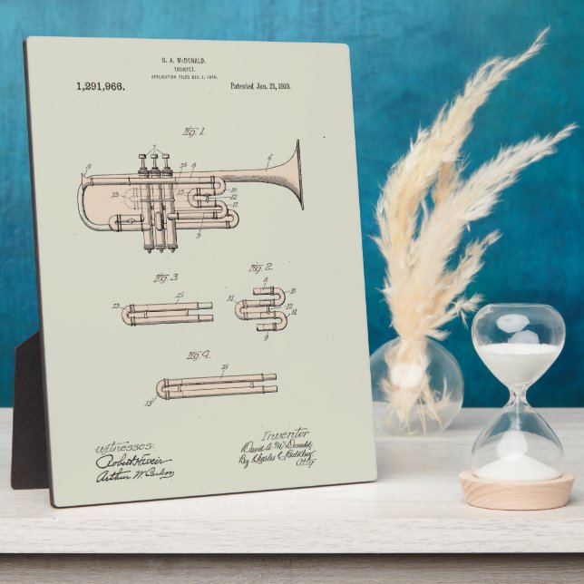 Colourized Vintage Trumpet Patent Illustration  Plaque (Side)
