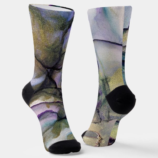 Colours and Gold Alcohol Ink Liquid Abstract Art Socks (Angled)
