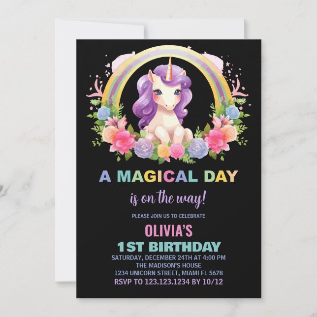 Colours Floral Unicorn Birthday Invitations (Front)