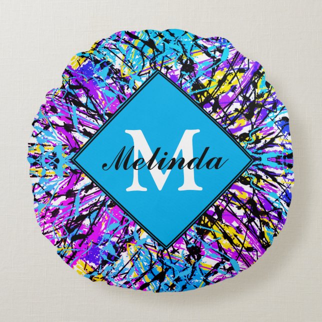 Colours of Life Vivid Abstract Art Monogram Initia Round Cushion (Front)