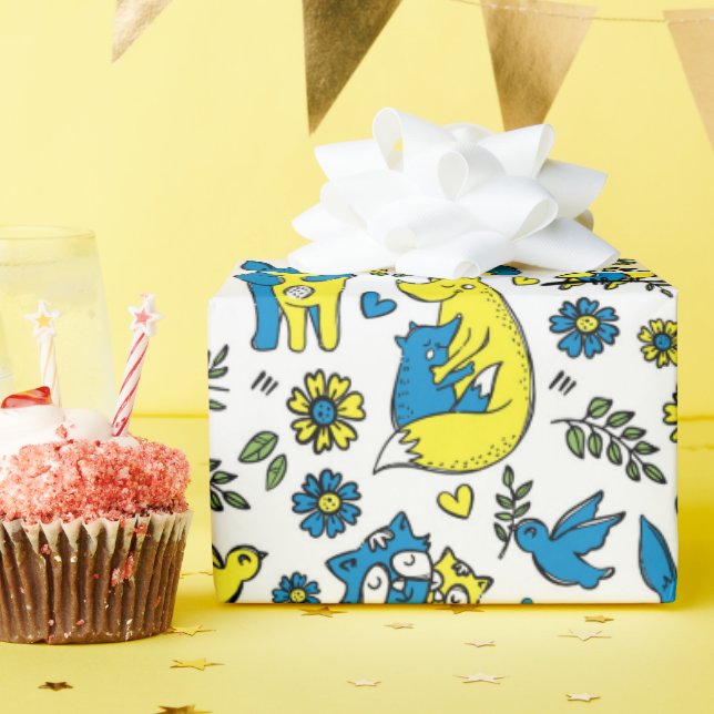 Colours of Ukraine Kids Blue Yellow Animal Mothers Wrapping Paper (Birthday Party)