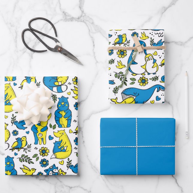 Colours of Ukraine Kids Blue Yellow Animal Mothers Wrapping Paper Sheet (Front)